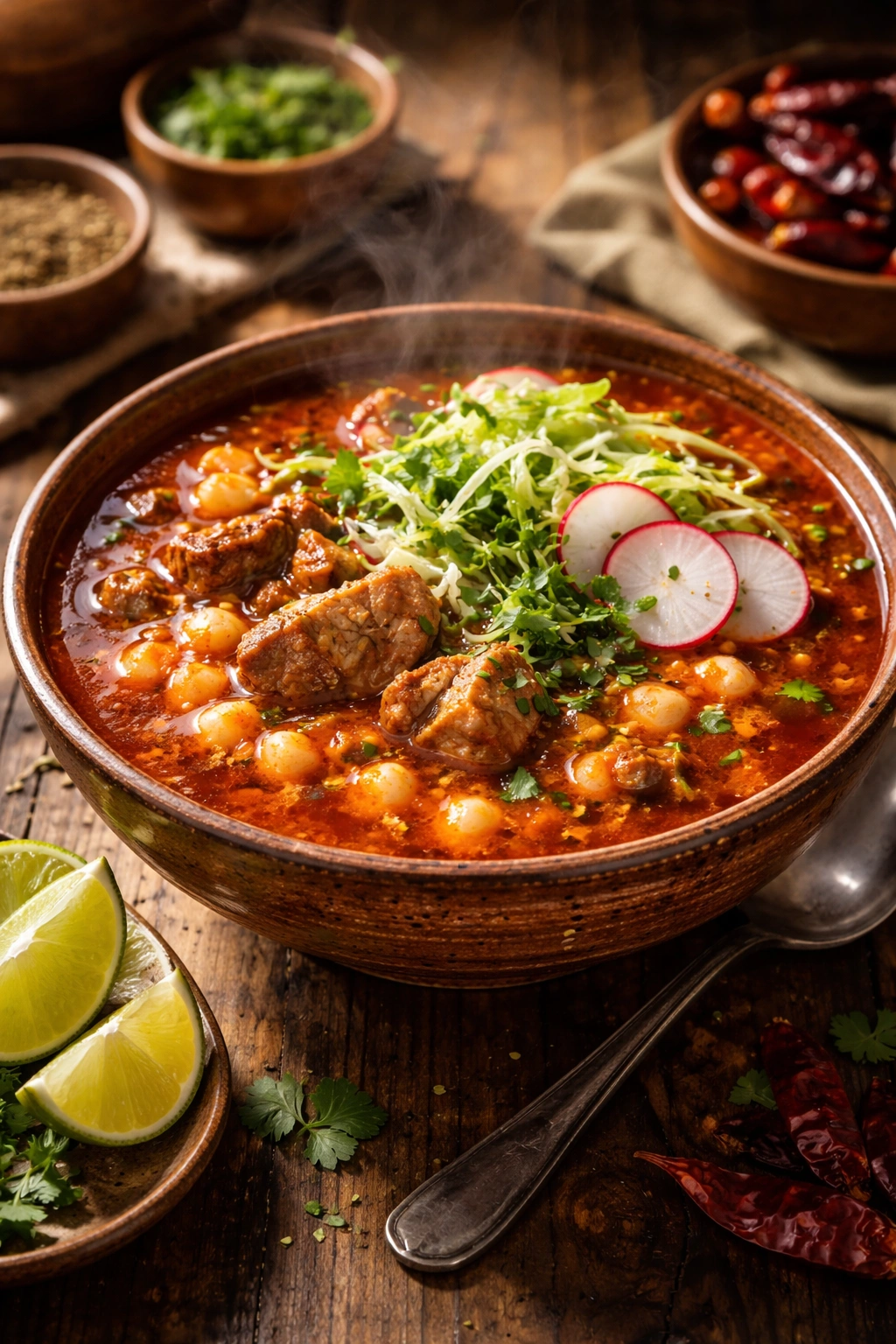 Pozole Rojo in a rustic bowl with pork, hominy, cabbage, radish, cilantro, and lime.