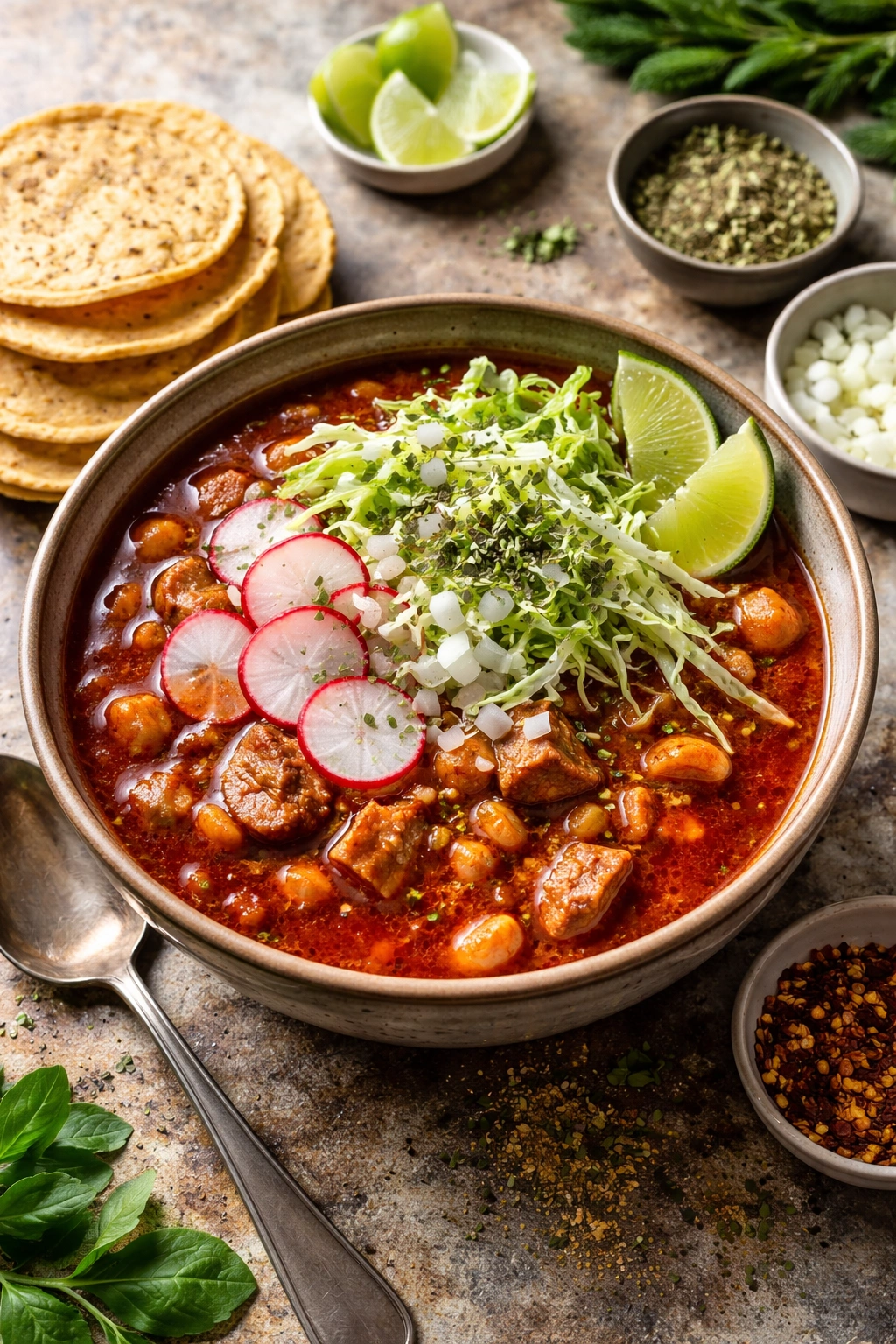 Pozole rojo in a bowl with cabbage, radishes, lime and tostadas