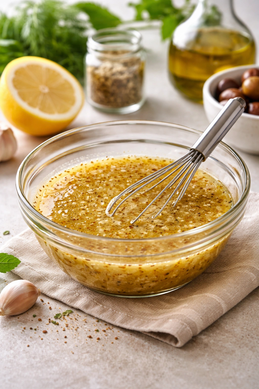 Close-up of well-emulsified Greek dressing in a glass bowl