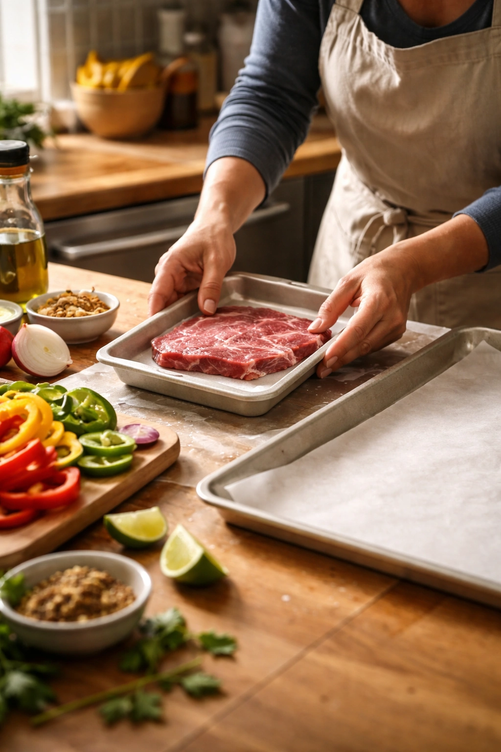 Close-up of steak being frozen on a tray with parchment in a warm kitchen
