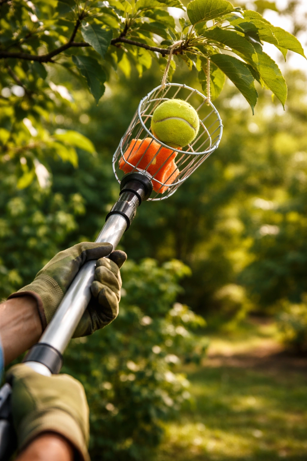 Hands using a fruit picker toward a tennis ball on a branch for practice