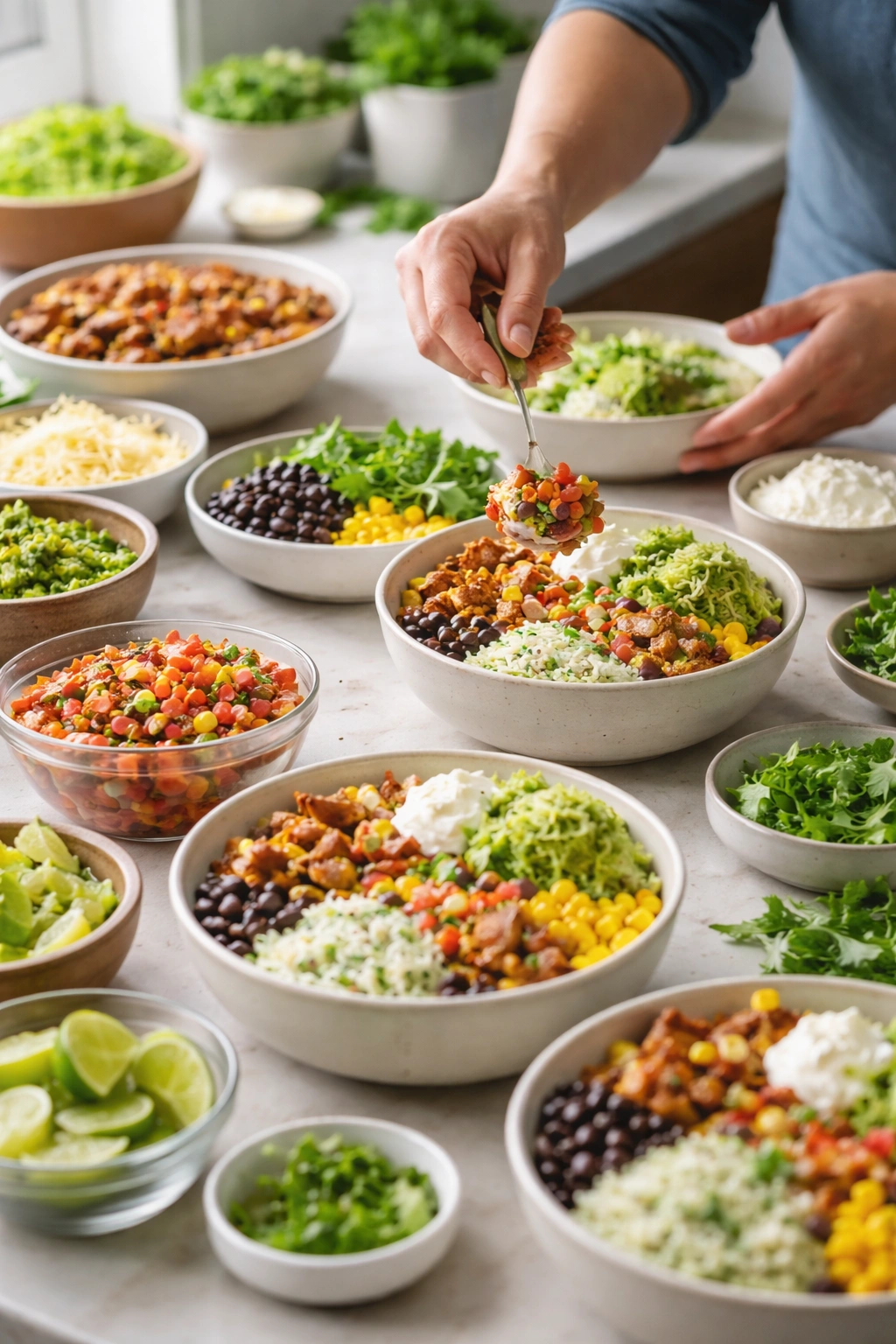 Close-up of hands assembling burrito bowls in a bright kitchen, demonstrating technique