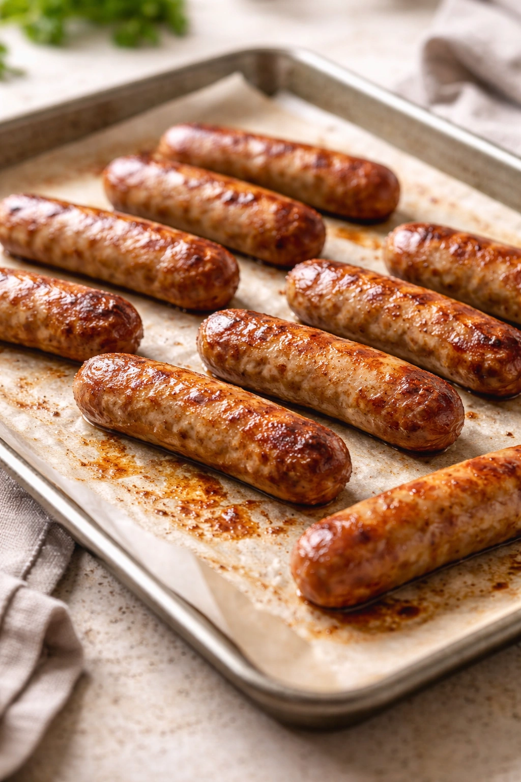 Close-up of browned pre-cooked sausage links on parchment-lined sheet pan