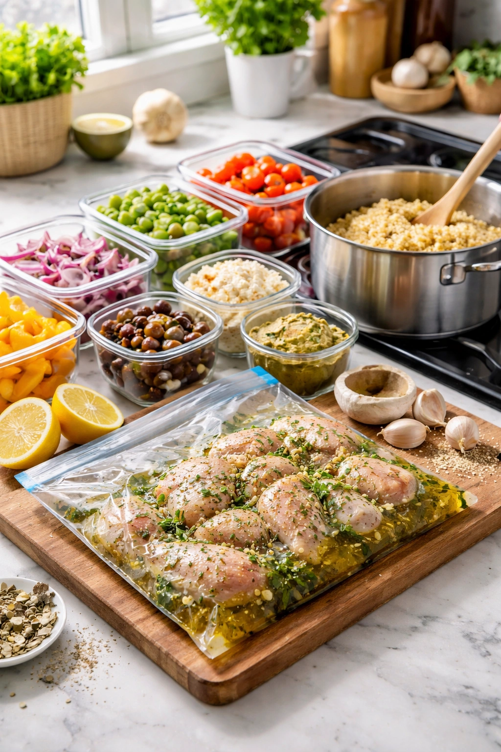 Marinating chicken, grains cooking, and vegetables prepped for prep ahead