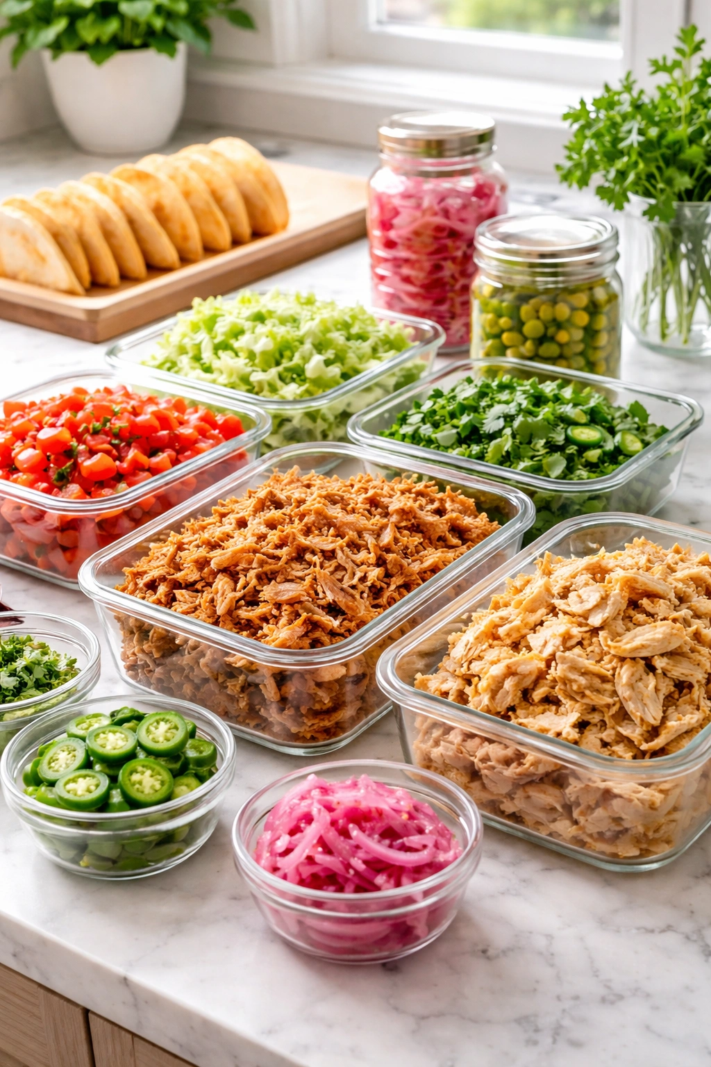 Prepped taco ingredients in clear containers ready for quick weeknight meals