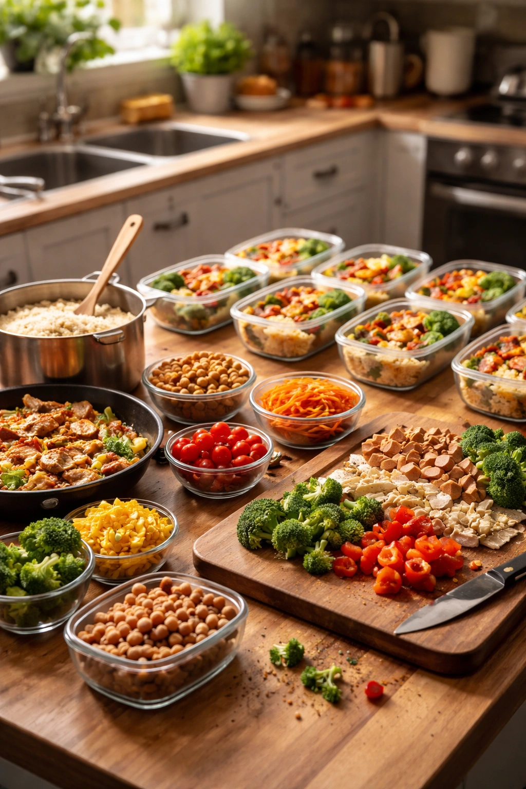 Organized kitchen prep items aligned for a single heavy meal prep day