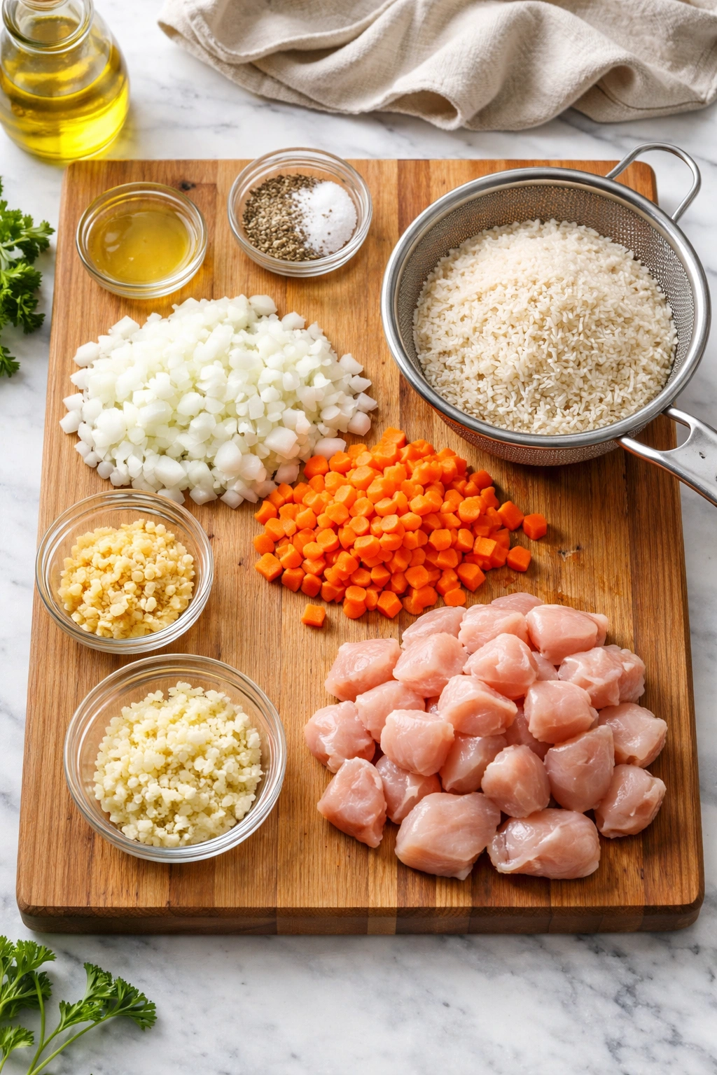 Prepped onions, garlic, rice in a strainer, and chicken on a board