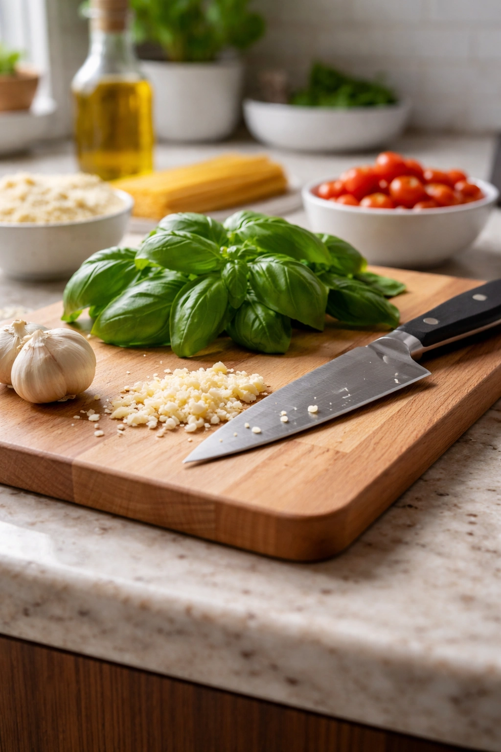 Counter ready for prep with cutting board, garlic, and basil