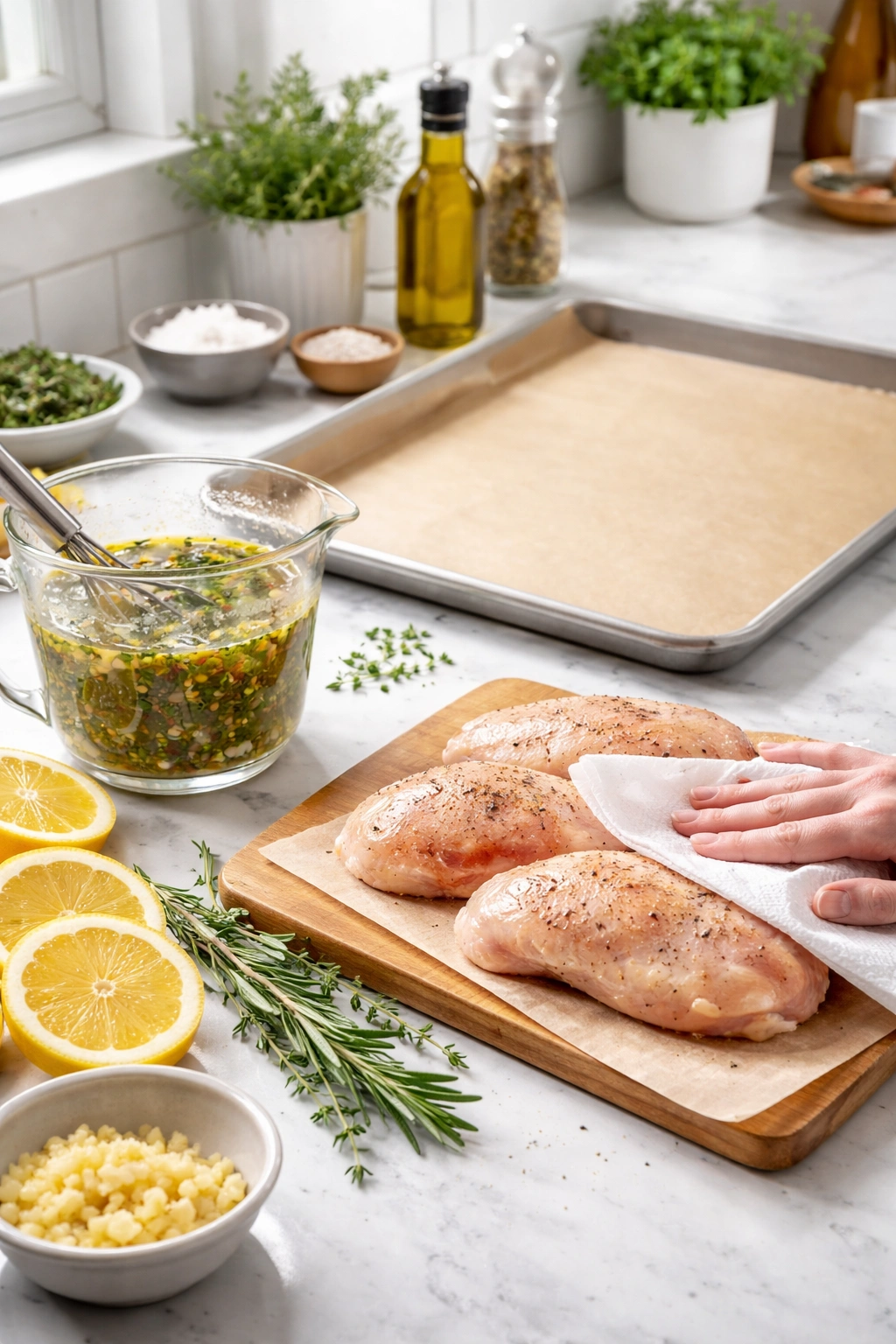 Sequence of cooking prep items for sheet-pan lemon herb chicken laid out on a counter