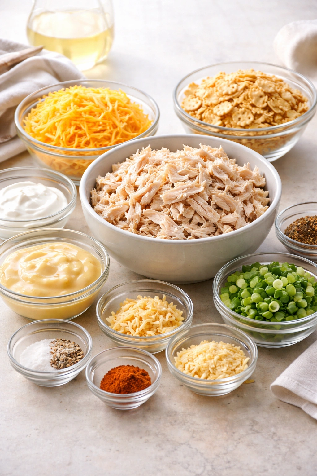 Prepped ingredients arranged for quick mixing