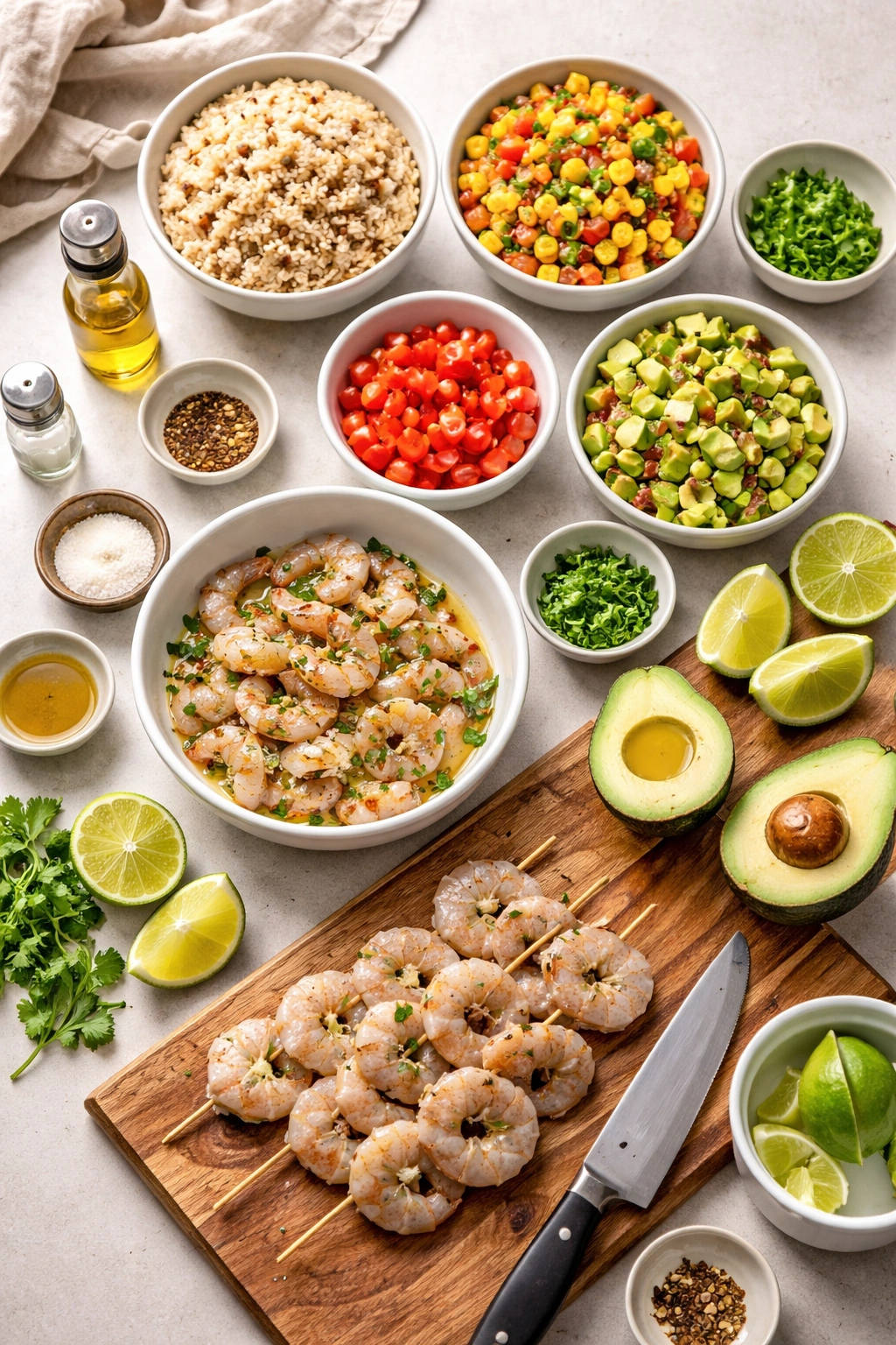 Organized kitchen prep station with shrimp ingredients ready for grilling