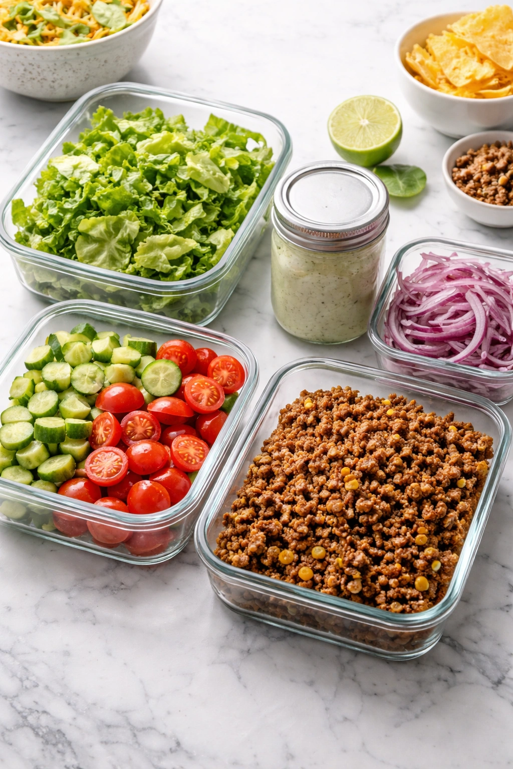 Meal-prep containers with salad ingredients and dressing stored for leftovers