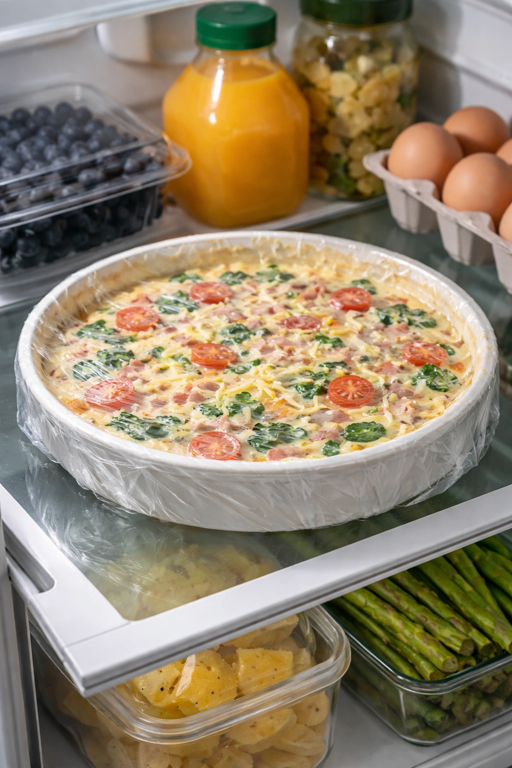 Quiche dish wrapped in plastic in fridge ready to chill
