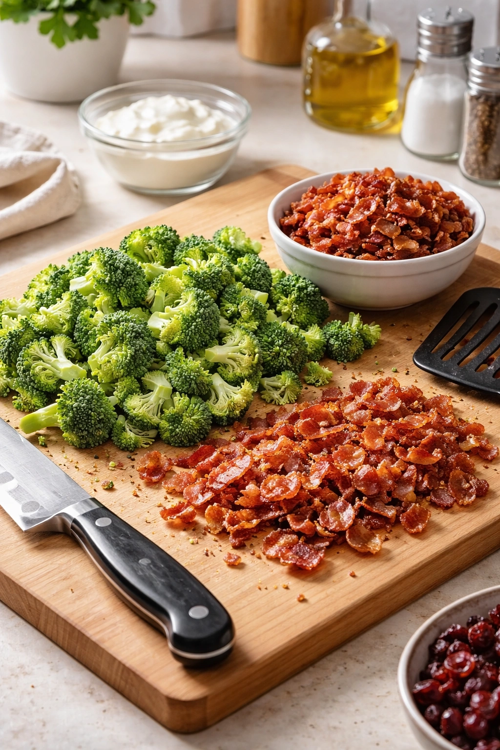 Chopped broccoli and crispy bacon on a cutting board, illustrating prep time
