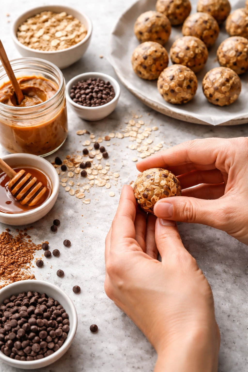 Hands shaping energy balls during prep