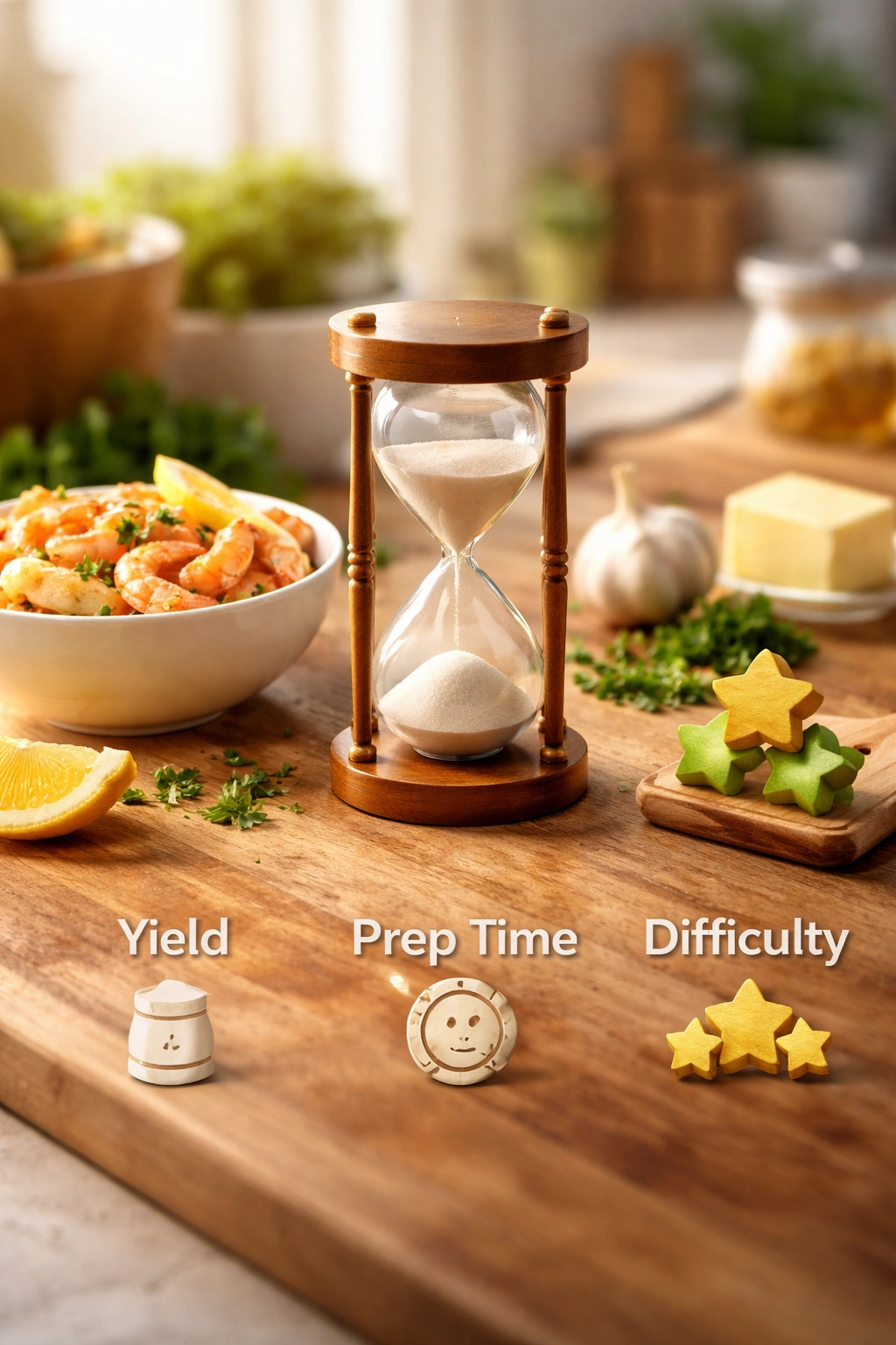 Hourglass on a kitchen counter representing prep time.