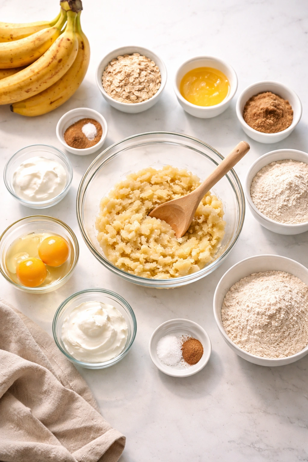 Prepped ingredients around a mixing bowl on a counter