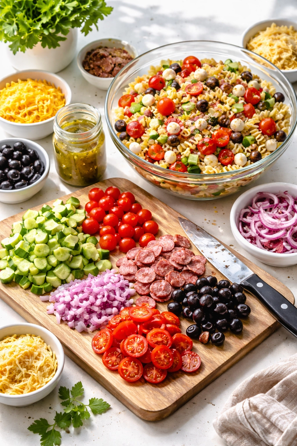 Chopped vegetables and pasta ready to be mixed for pasta salad
