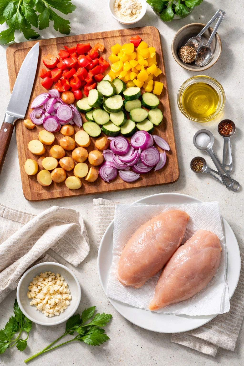 Evenly chopped vegetables and dry chicken ready for roasting