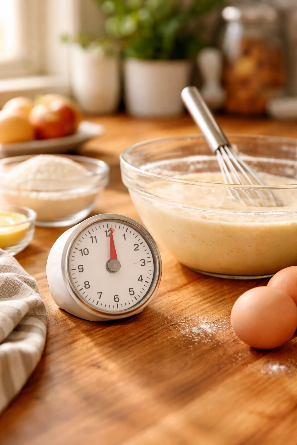 Kitchen timer beside batter bowl ready for prep