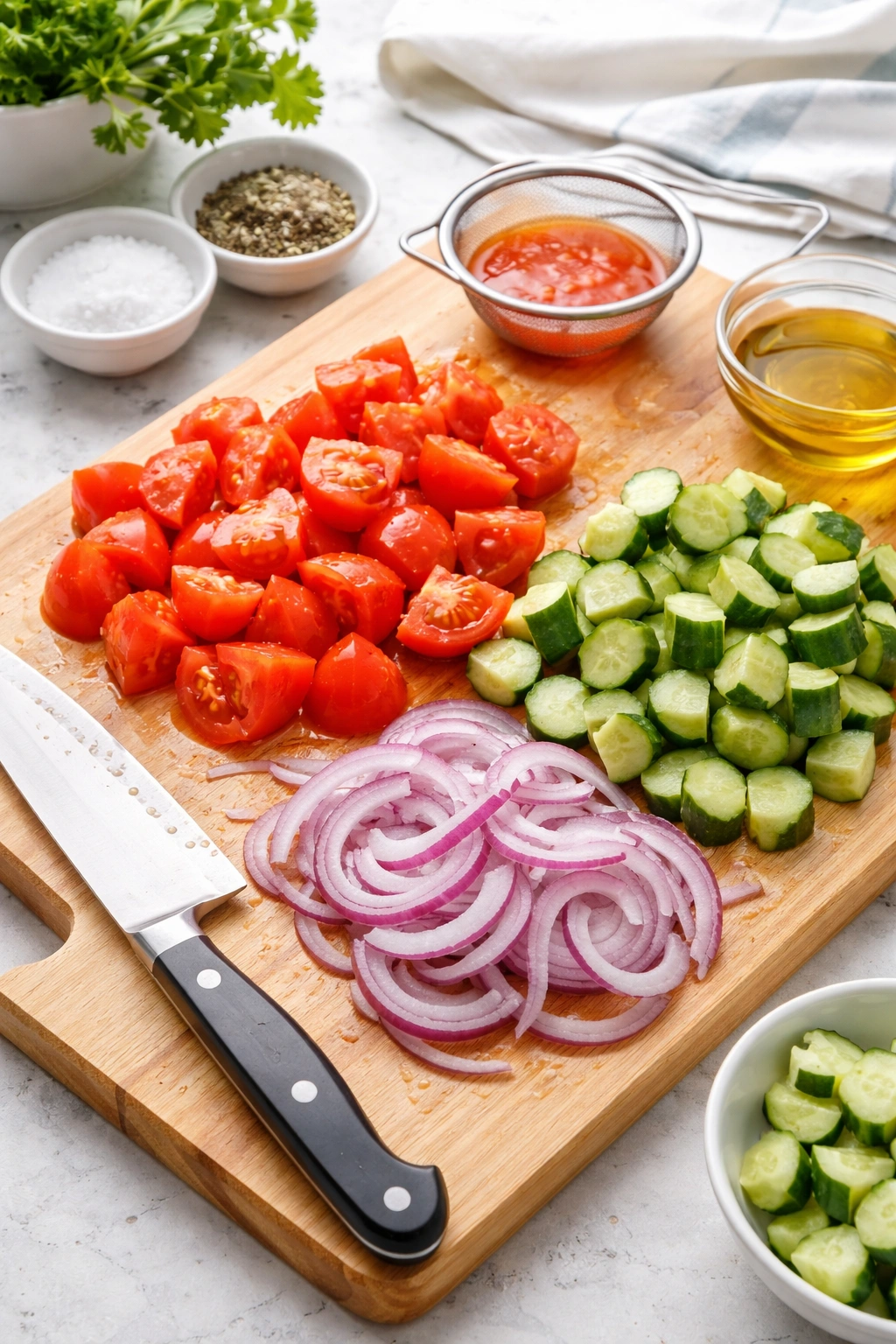 Cutting board with chopped tomatoes, cucumber, and red onion ready for assembly