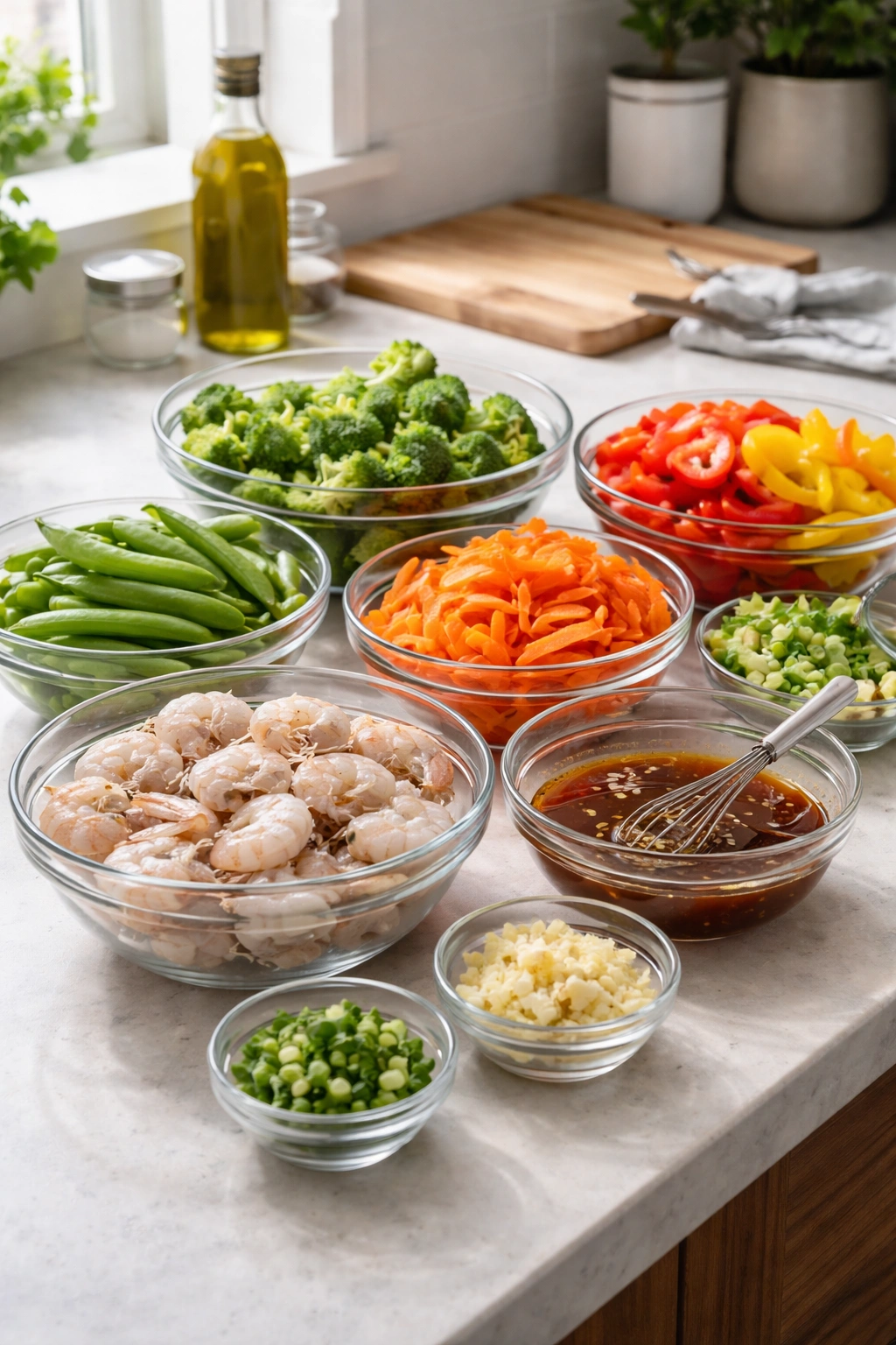 Organized prep station with chopped vegetables and shrimp ready for cooking.