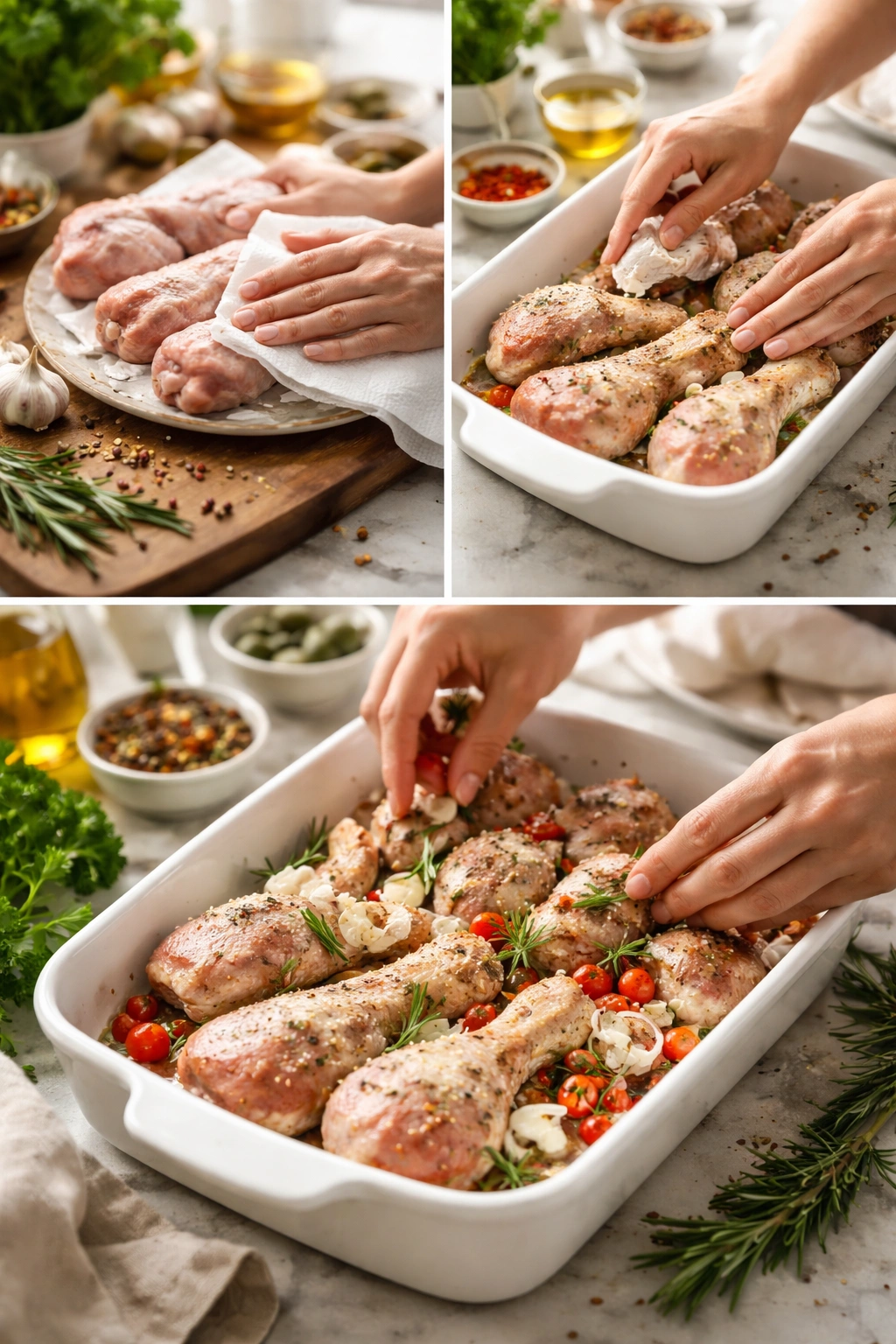 Hands patting dry and arranging chicken drumsticks in a casserole dish