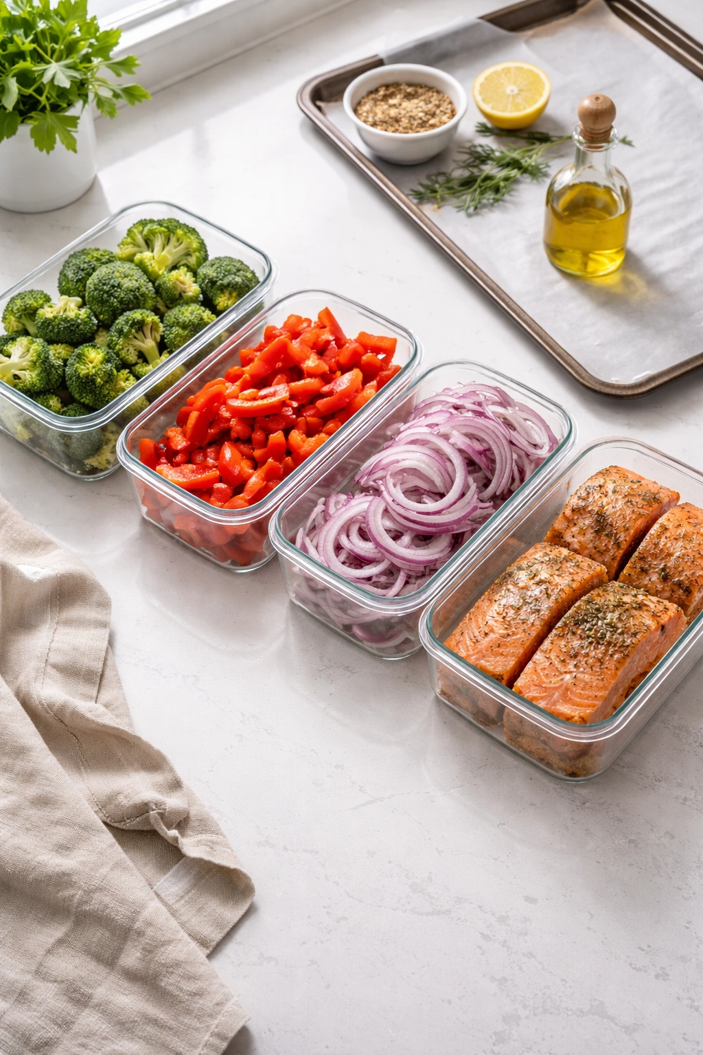 Prepped vegetables in airtight containers on a kitchen counter