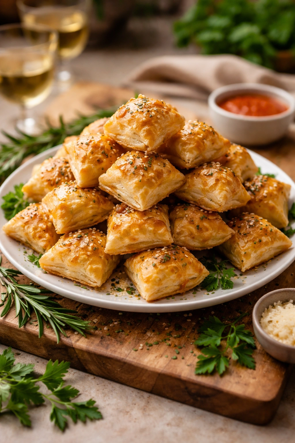 Pyramid of puff pastry bites with herbs on a white plate