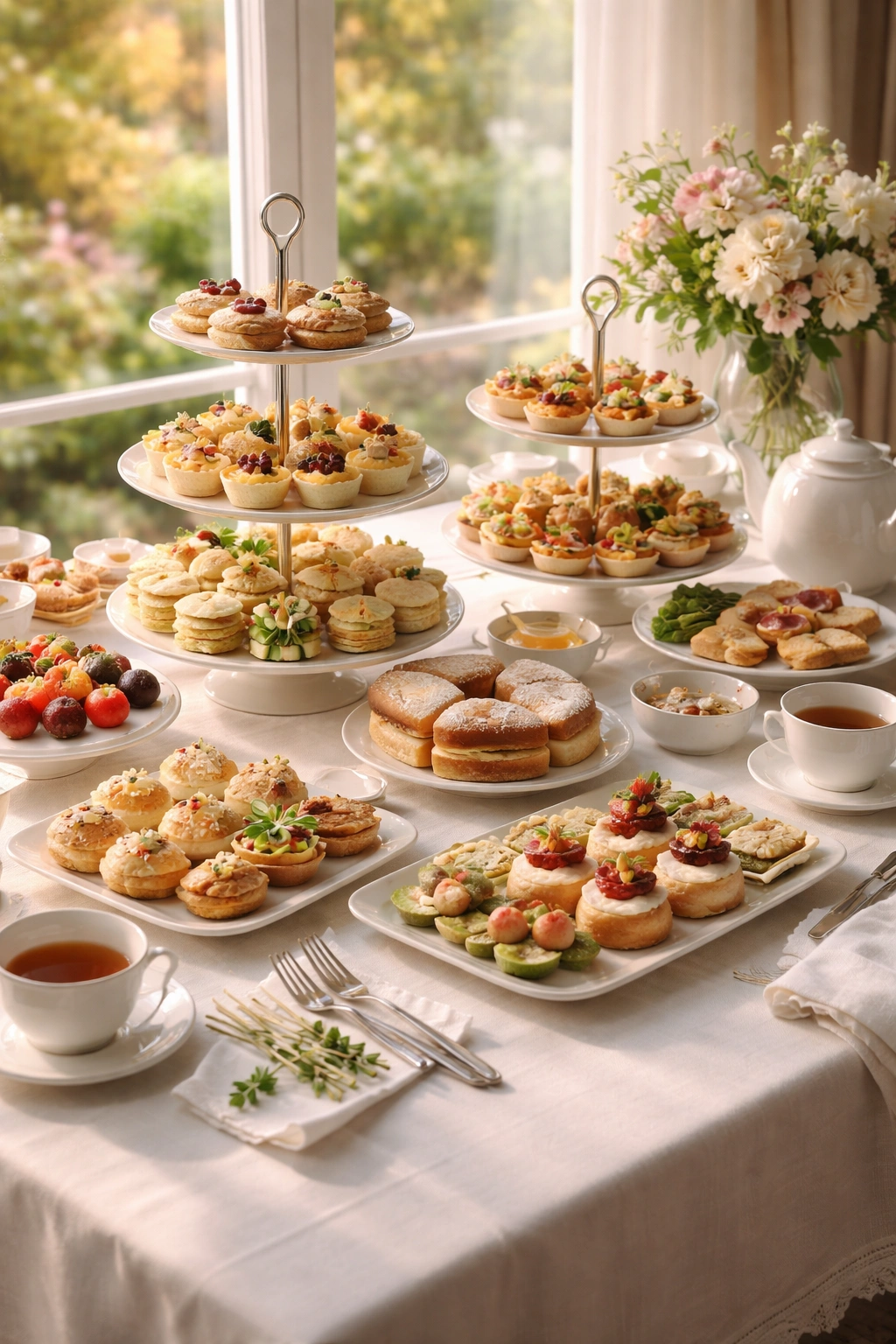Elegant morning tea table with tiered stands and pastries