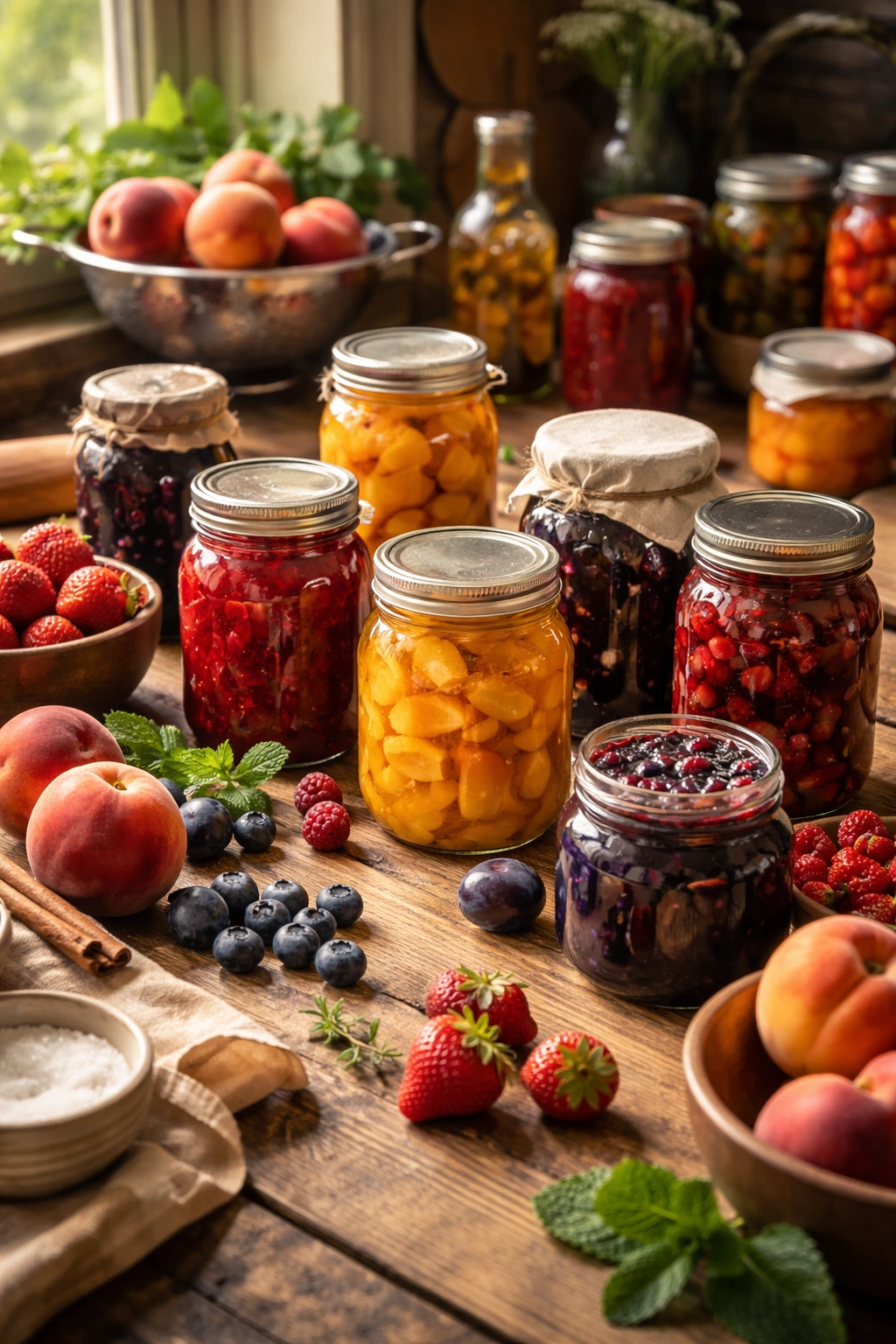 Jars of fruit preserves on a wooden counter