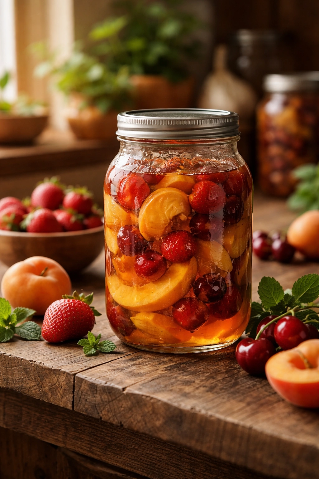Jar of preserved fruit on rustic wood surface