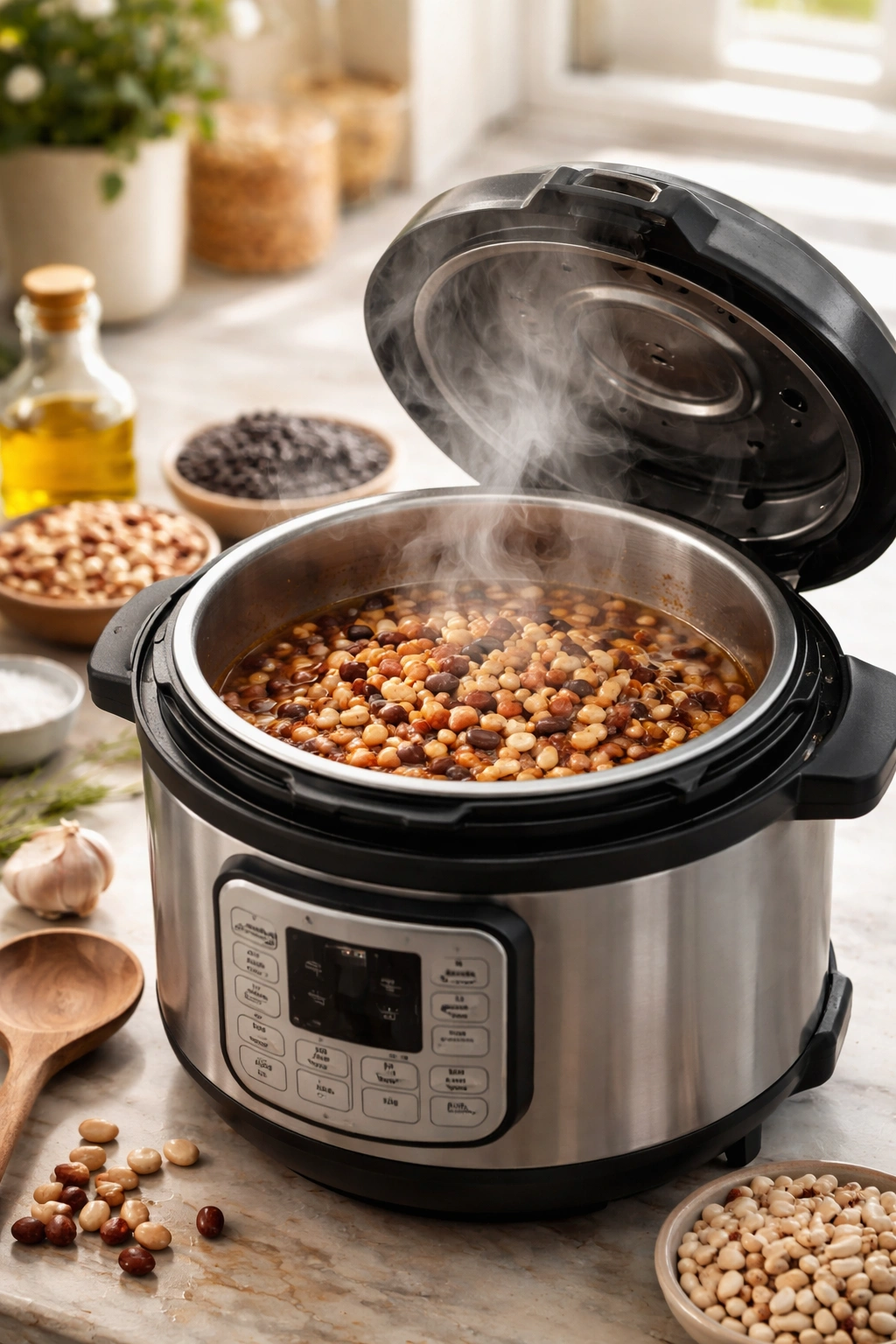 Beans cooking in an open pressure cooker with steam