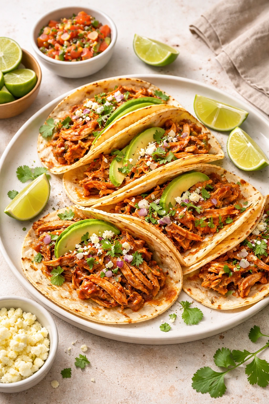Plate of chicken tinga tacos with smoky sauce on tortillas