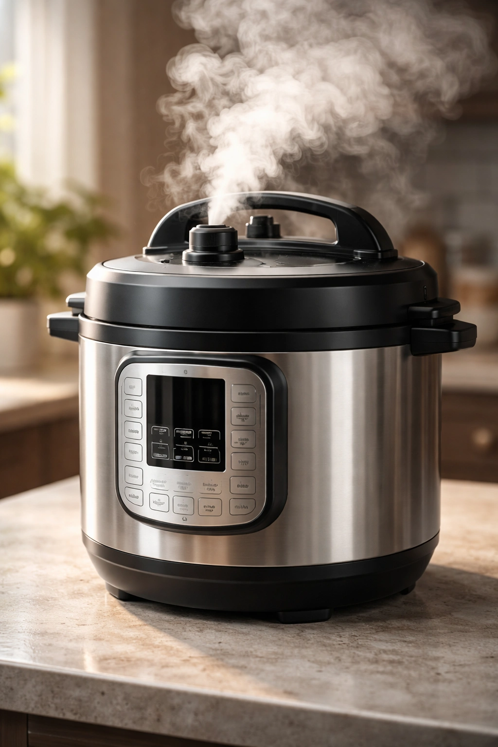 Pressure cooker emitting steam in a simple kitchen scene