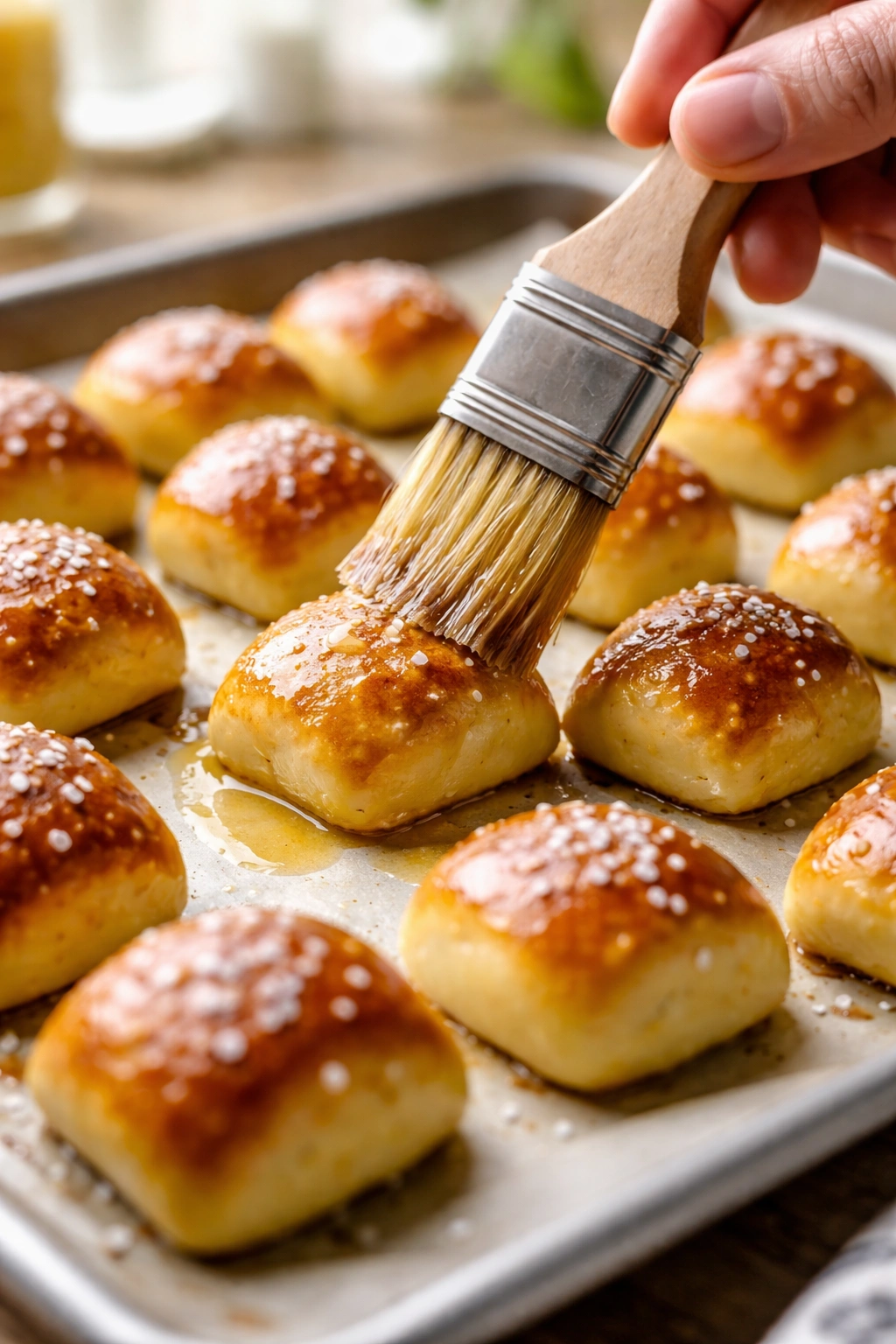 Pretzel bites being brushed with egg wash to create golden crust