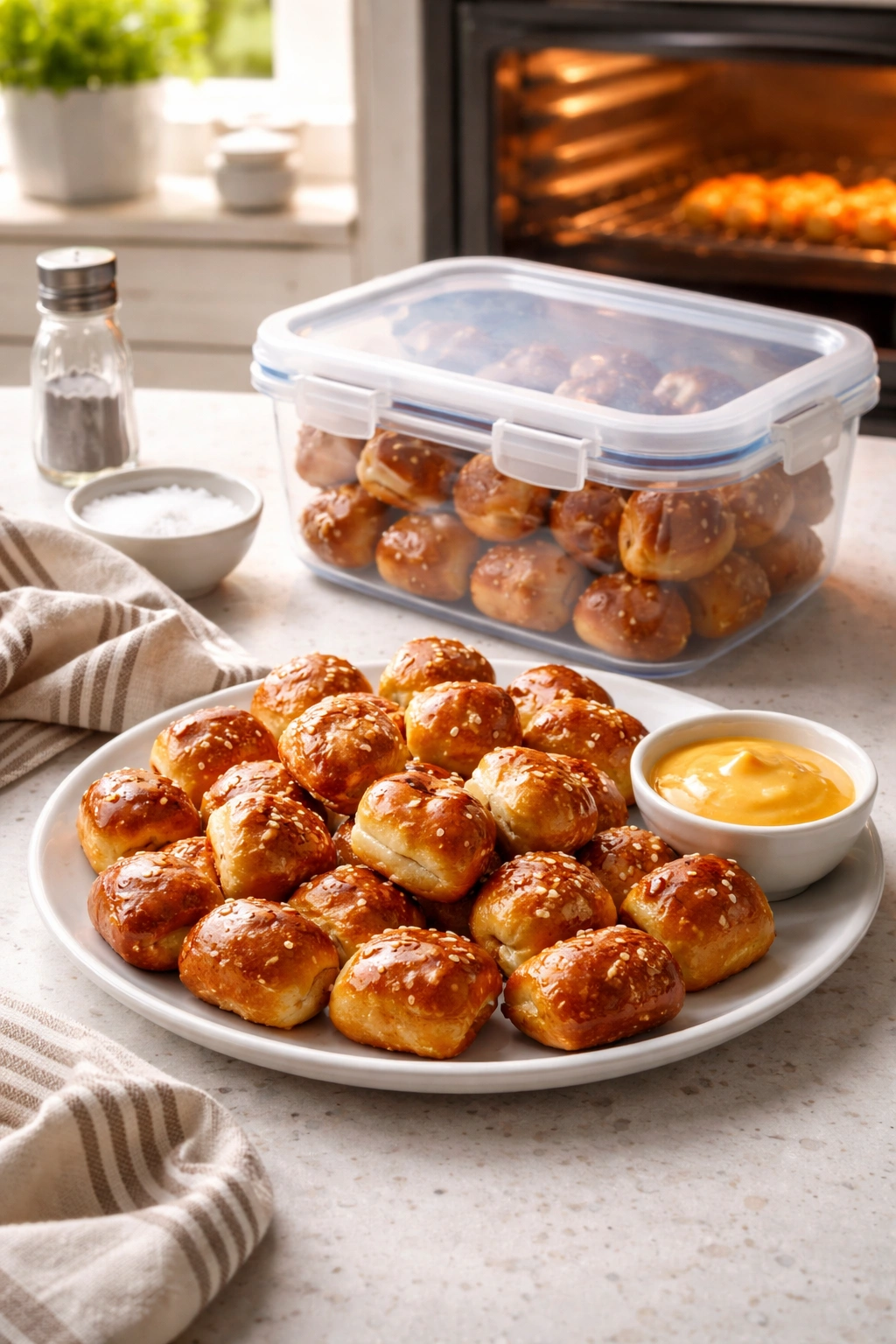 Pretzel bites on plate beside airtight container on kitchen counter.