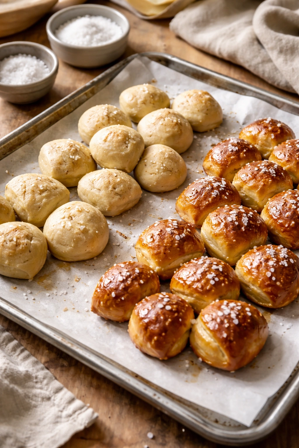 Close-up of pretzel bites showing dense pale texture and chewy golden texture on parchment.