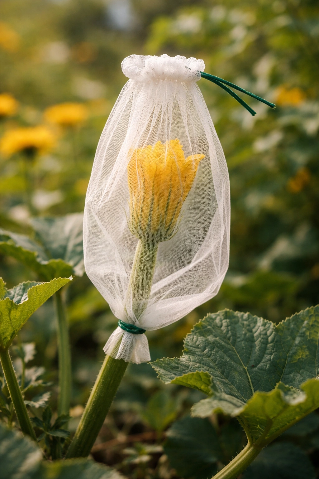 Flower inside protective bag to prevent cross-pollination