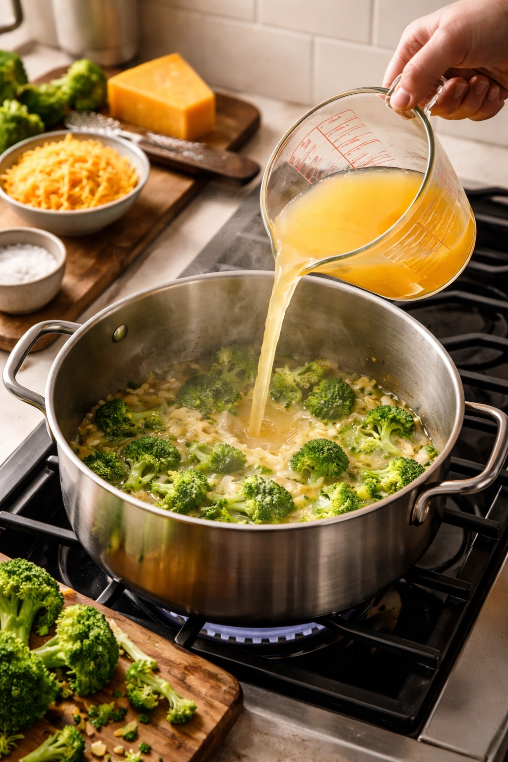 Hot broth poured into pot from measuring cup to prevent lumps