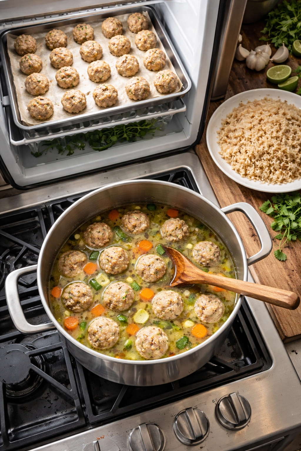 Tray of meatballs chilling, gentle simmering pot, and cooled brown rice ready for assembly