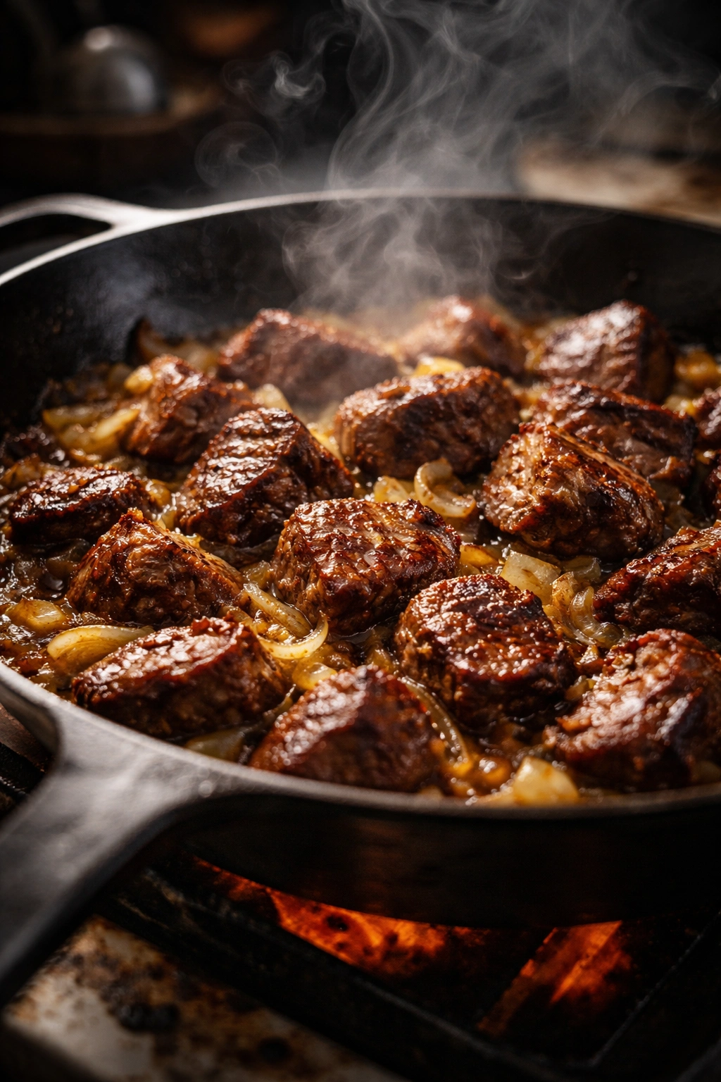 Skillet with browned beef and onions, steam rising, professional kitchen lighting