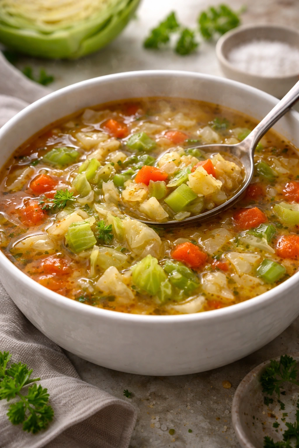 Glossy bowl of cabbage soup with visible steam