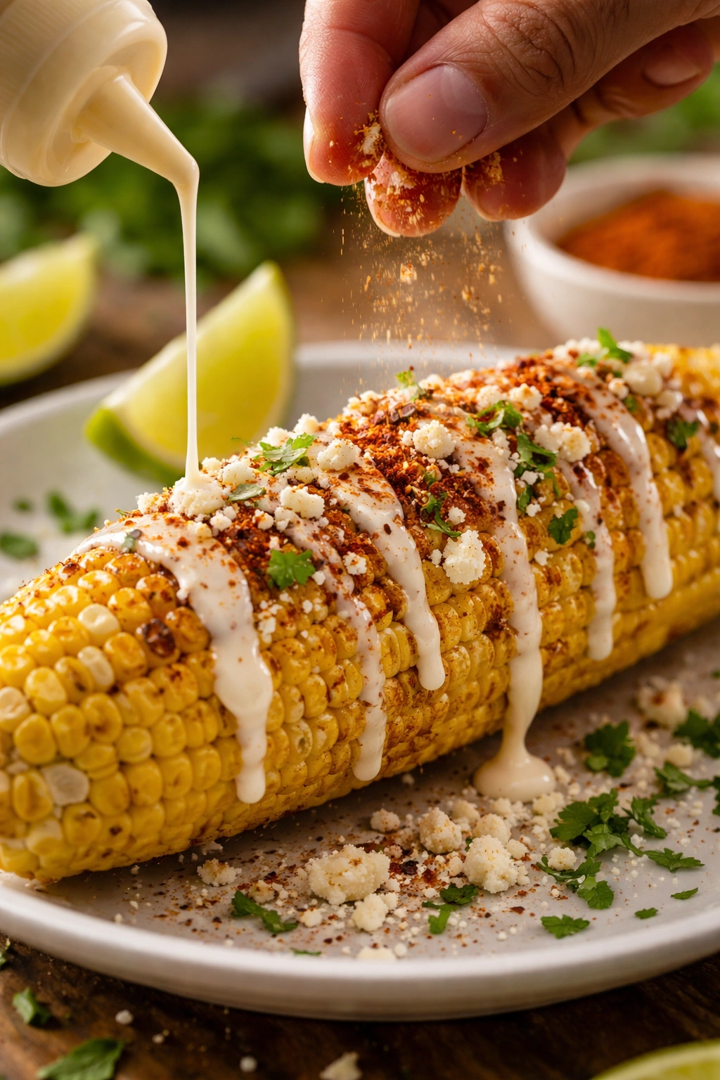 Elote with crema drizzle and cotija finishing touches