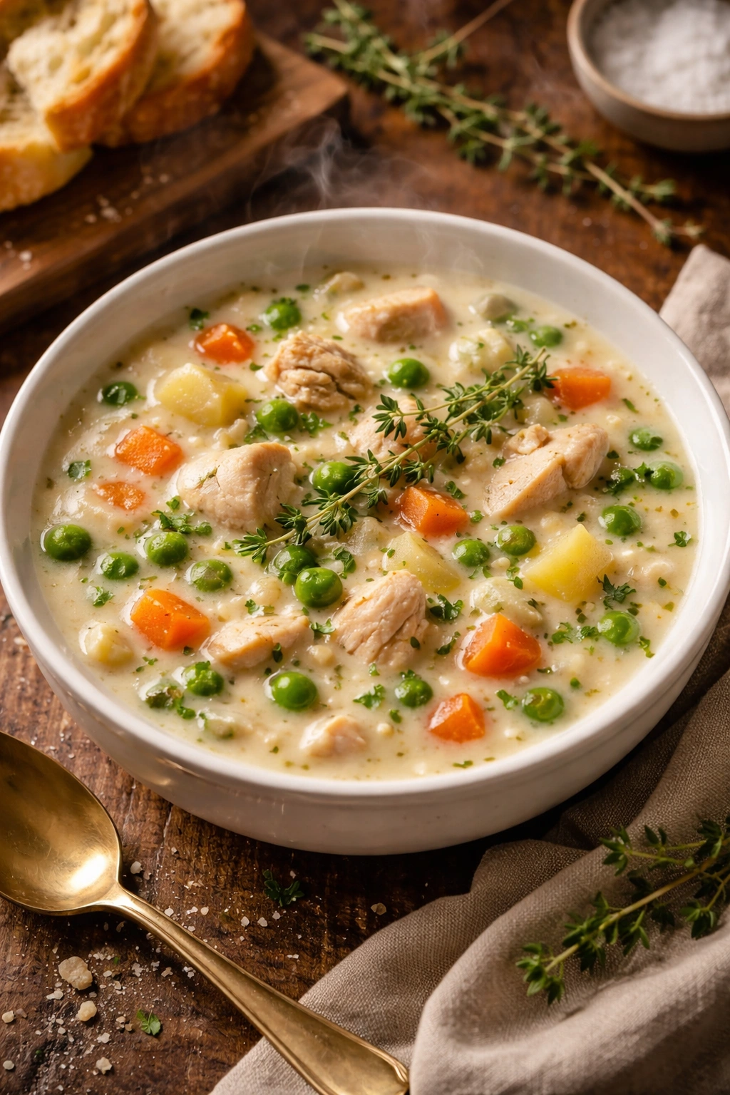 Luxurious bowl of creamy chicken pot pie soup with herb garnish