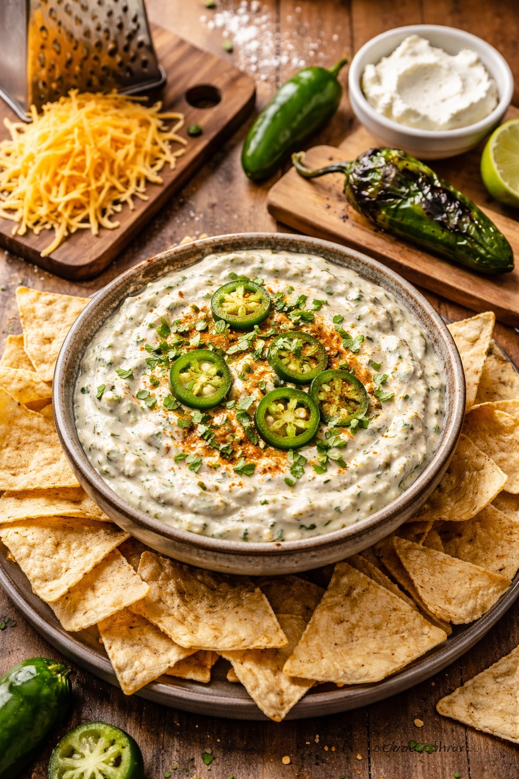 Dip with fresh shredded cheese and roasted jalapeño on a kitchen counter
