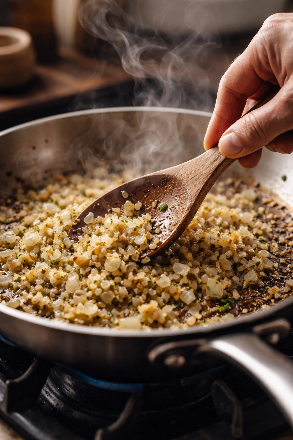 Close-up of hand stirring sautéed aromatics in a skillet with steam