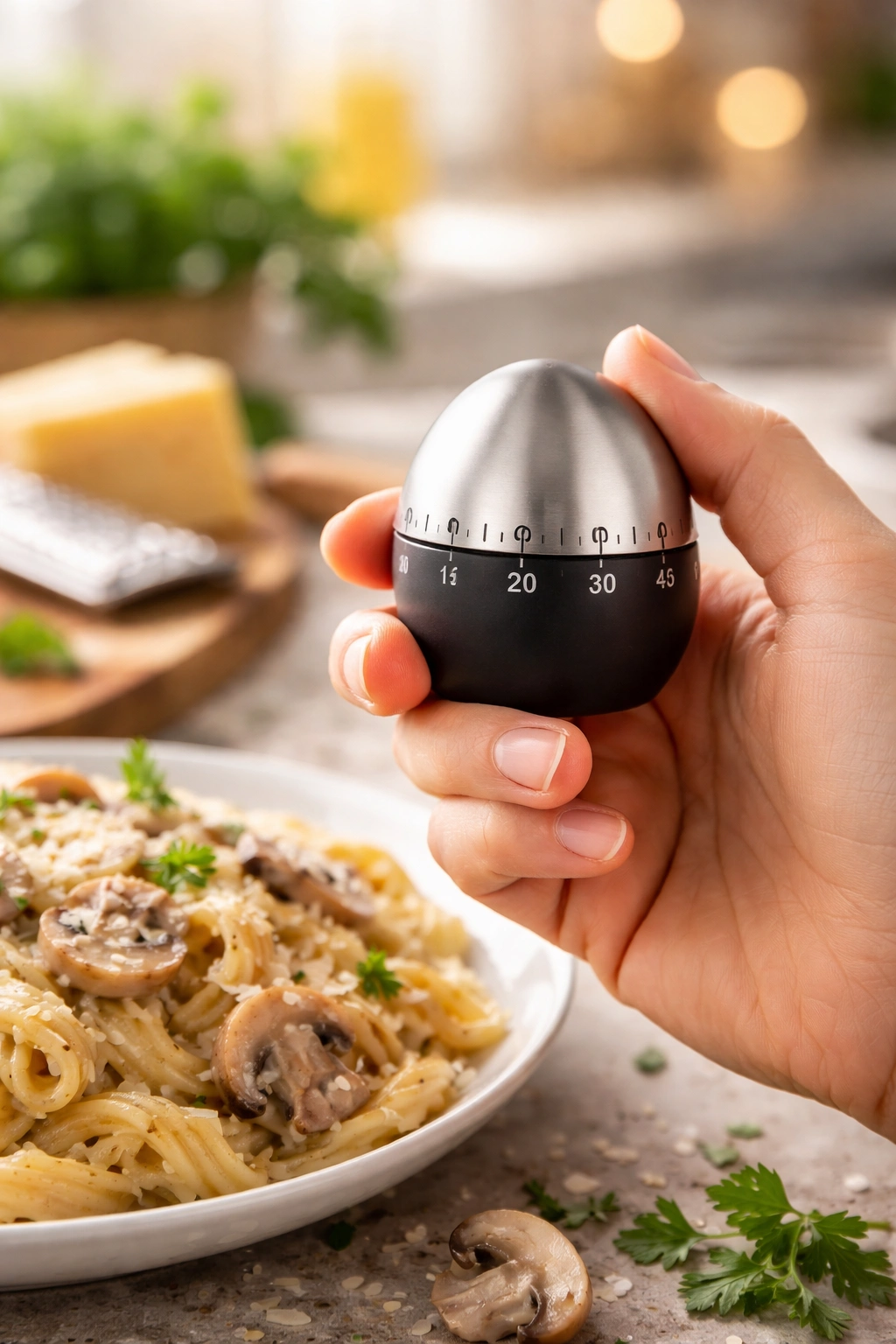 Hand holding kitchen timer with soft bokeh background for pro tips