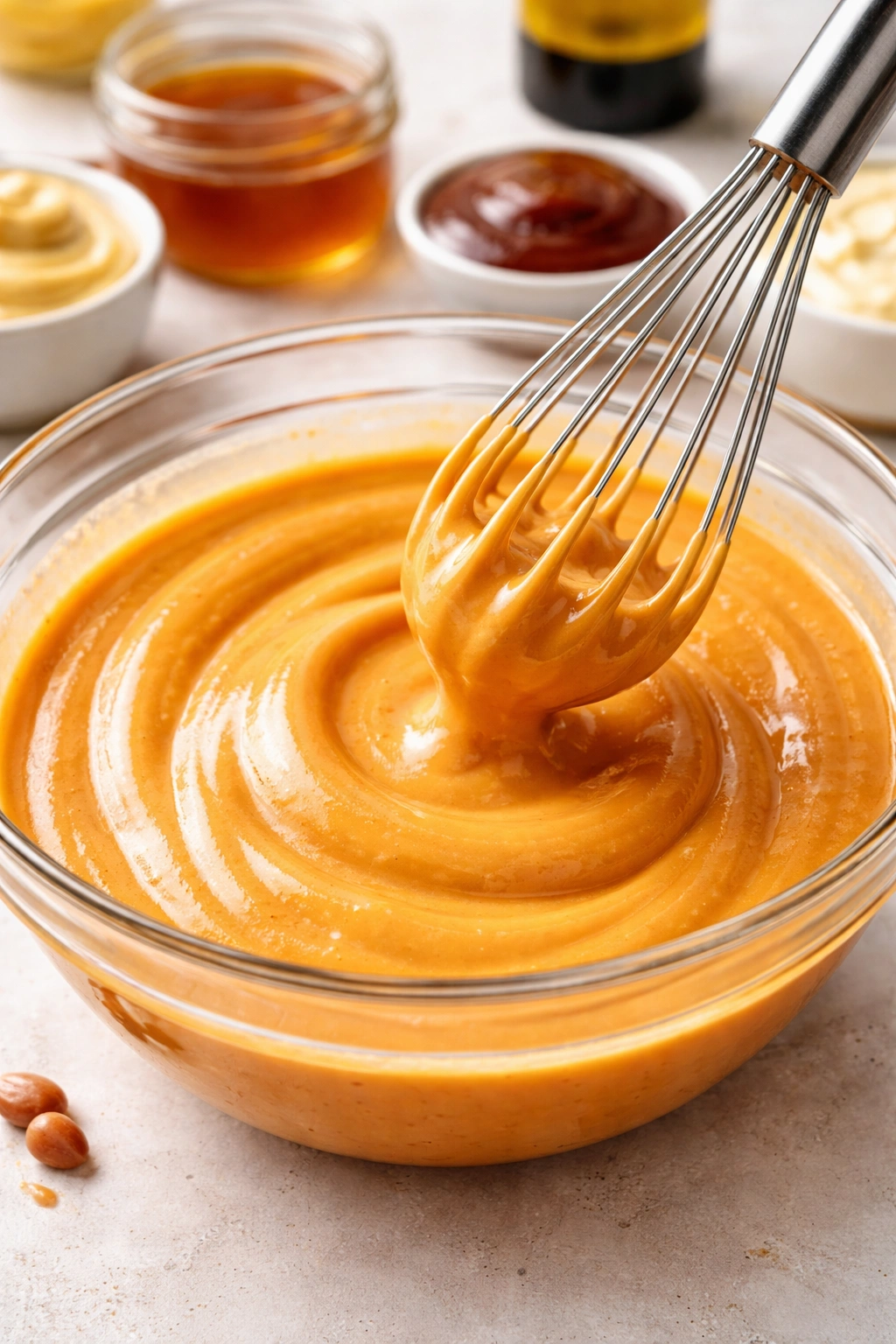 Glossy orange sauce whisked in glass bowl
