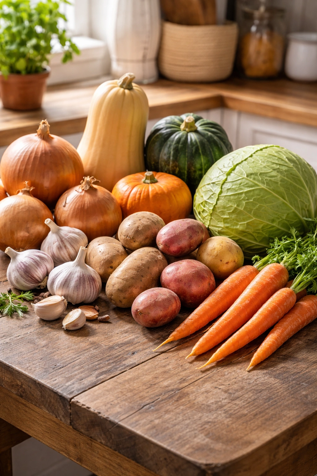 Onions, garlic, potatoes, squash, carrots and cabbage arranged on a wooden surface